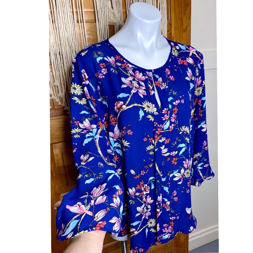 Van Heusen Cobalt Floral Bird Bell Sleeve Blouse